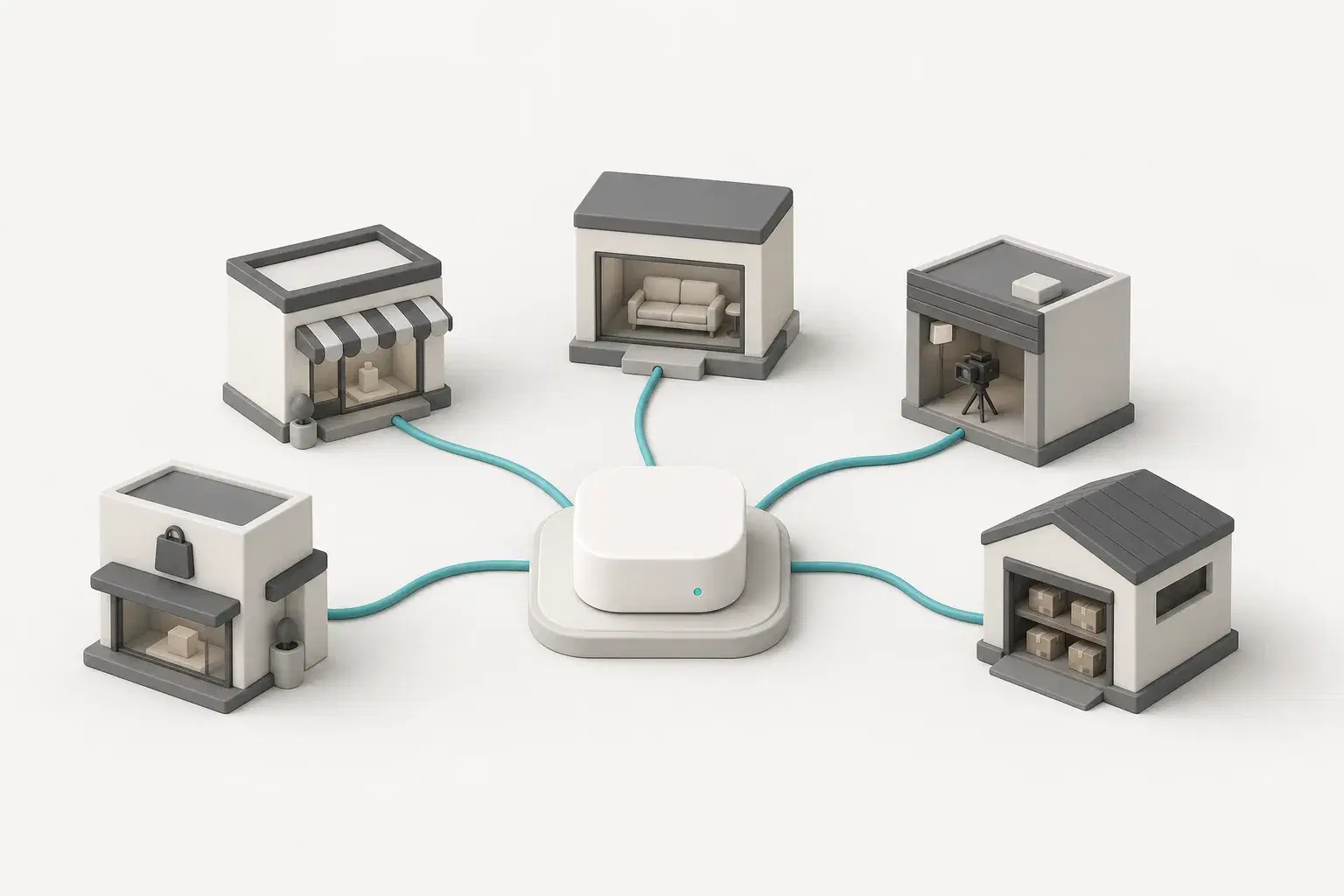 Illustration of one central hub connected by cables to several retail stores and a warehouse