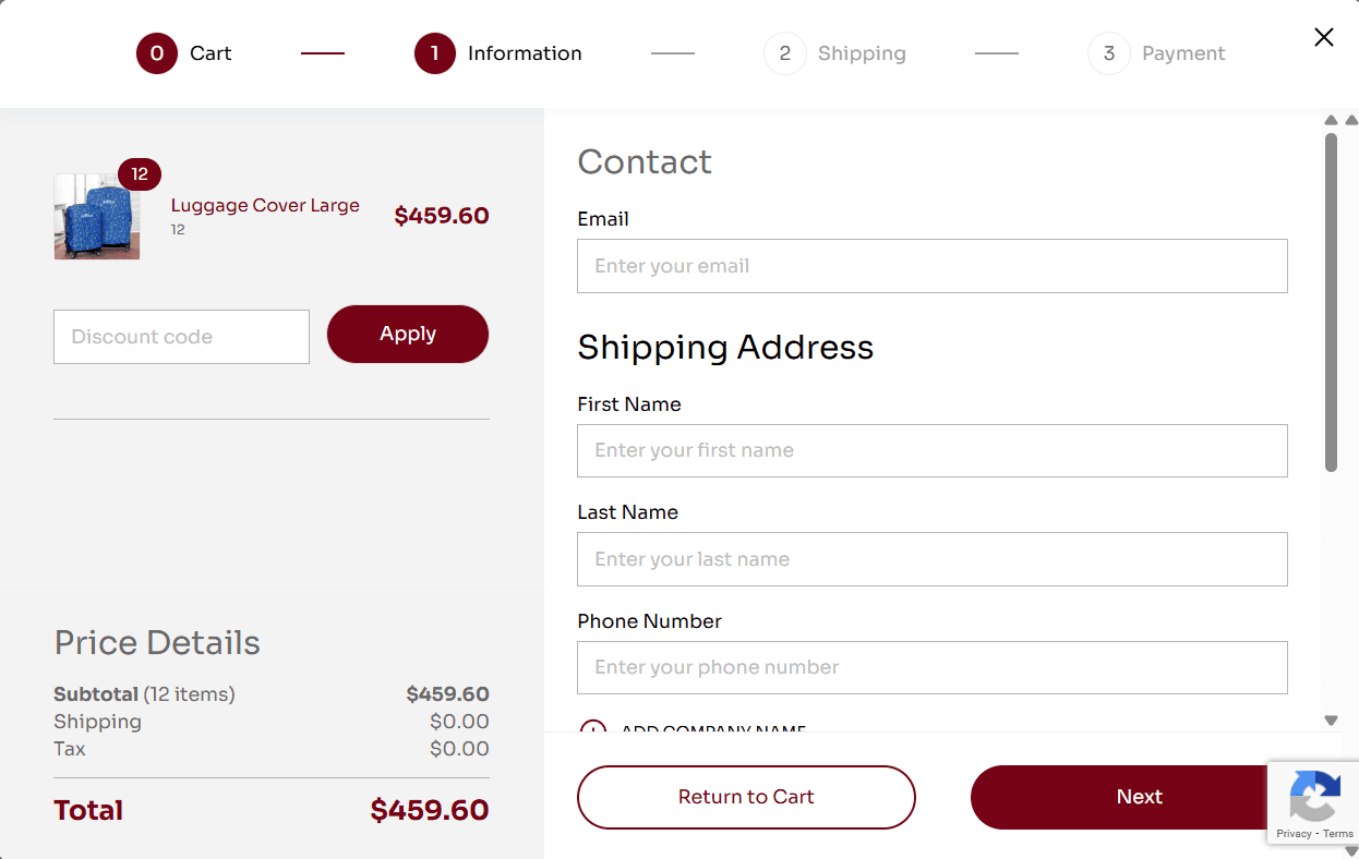 RushKing checkout information step