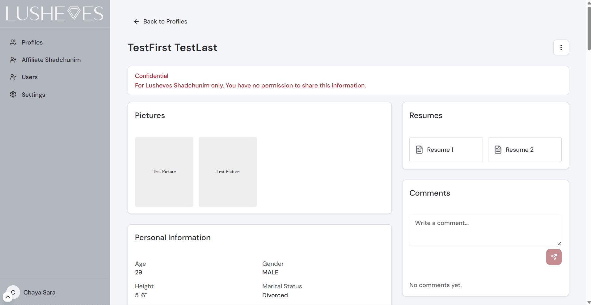 Lusheves profile detail view
